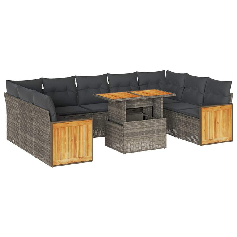 10-delige Loungeset met kussens poly rattan acacia grijs